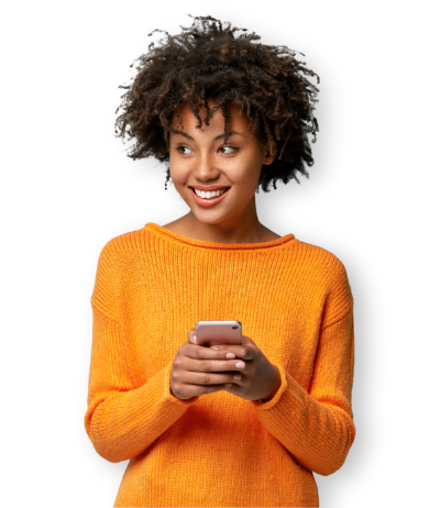 woman curly smiling smartphone