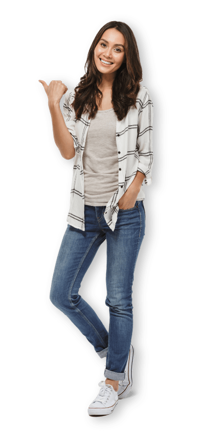 smiling woman pointing to the left