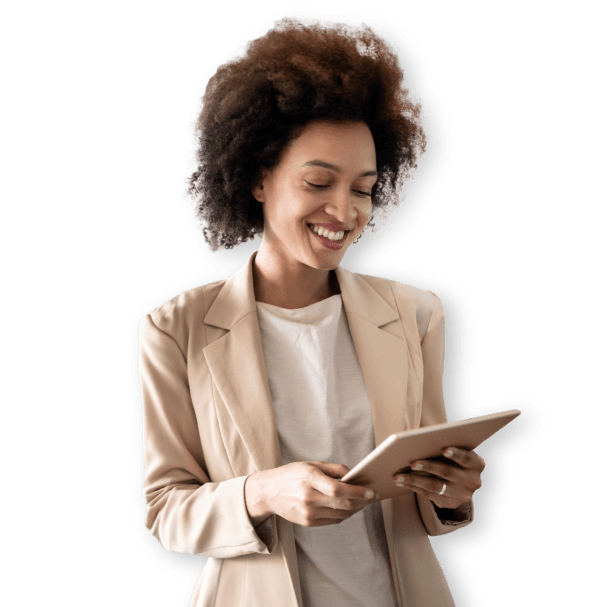 woman smiling with tablet