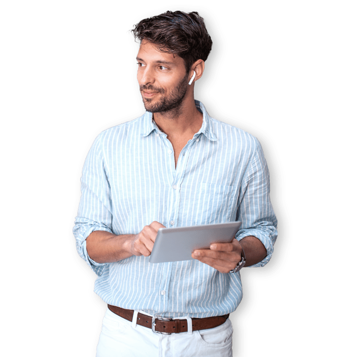 smiling man with tablet and earphones