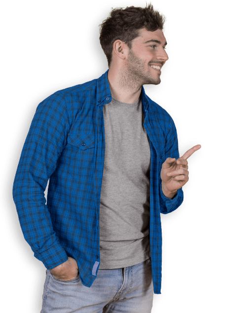 smiling boy points to the right