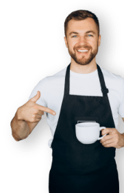 young man waiter apron cup