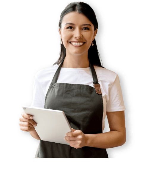 woman apron tablet smiling