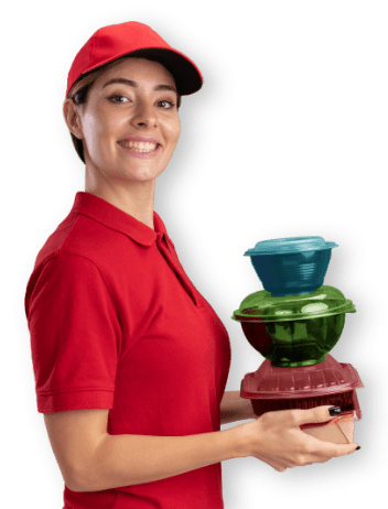 woman red uniform smiling food