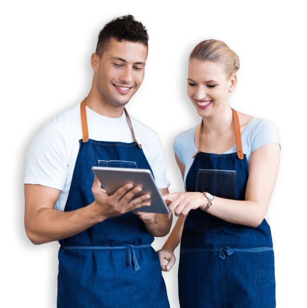 smiling man and woman with tablet
