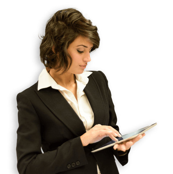 girl with tablet black blazer