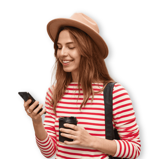 girl hat smiling smartphone