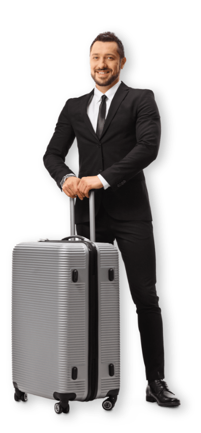 man standing with suitcase