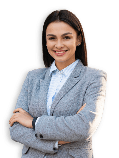 business woman smiling grey suit