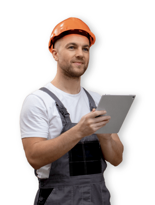 man safety hat and tablet
