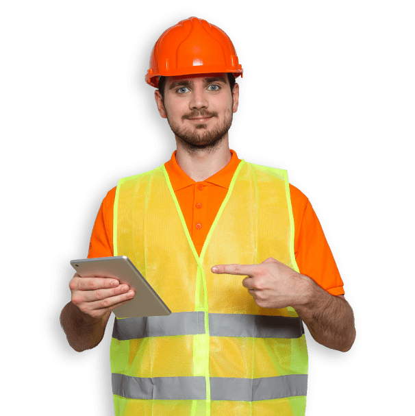 man with safety hat and tablet