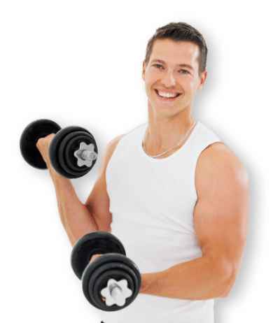 man with weights happy