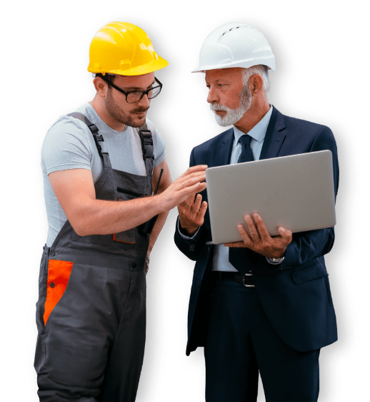 men with helmets and laptop
