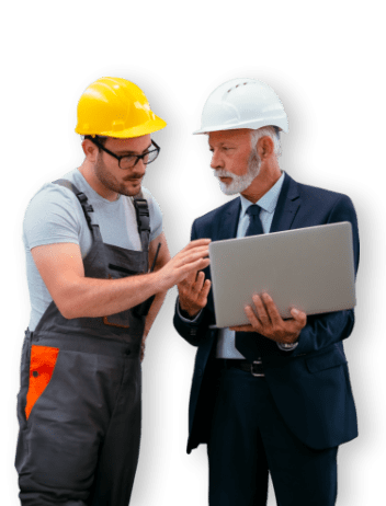 men with helmets and laptop