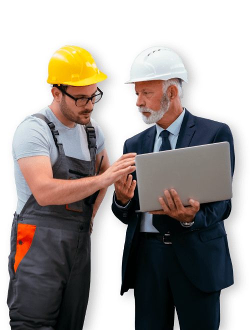 men with helmets and laptop