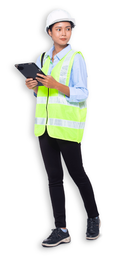 woman with helmet and tablet