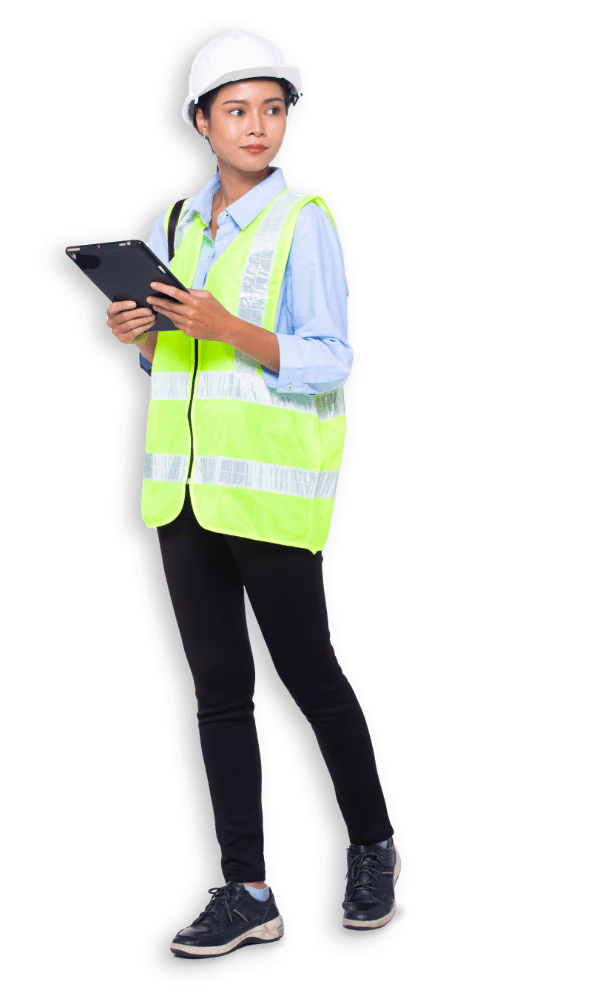 woman with helmet and tablet