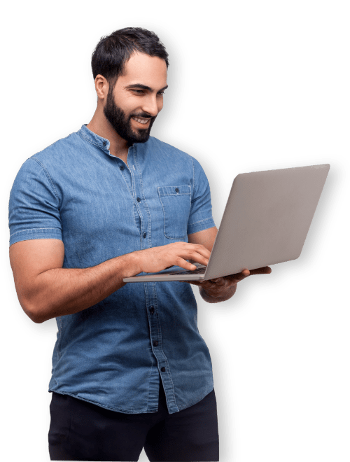 man denim shirt with laptop