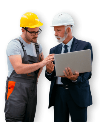 men with helmets and laptop