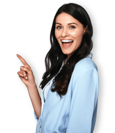 smiling woman pointing to the left