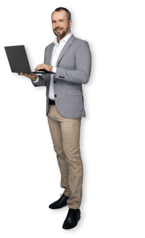 man standing pc and grey blazer