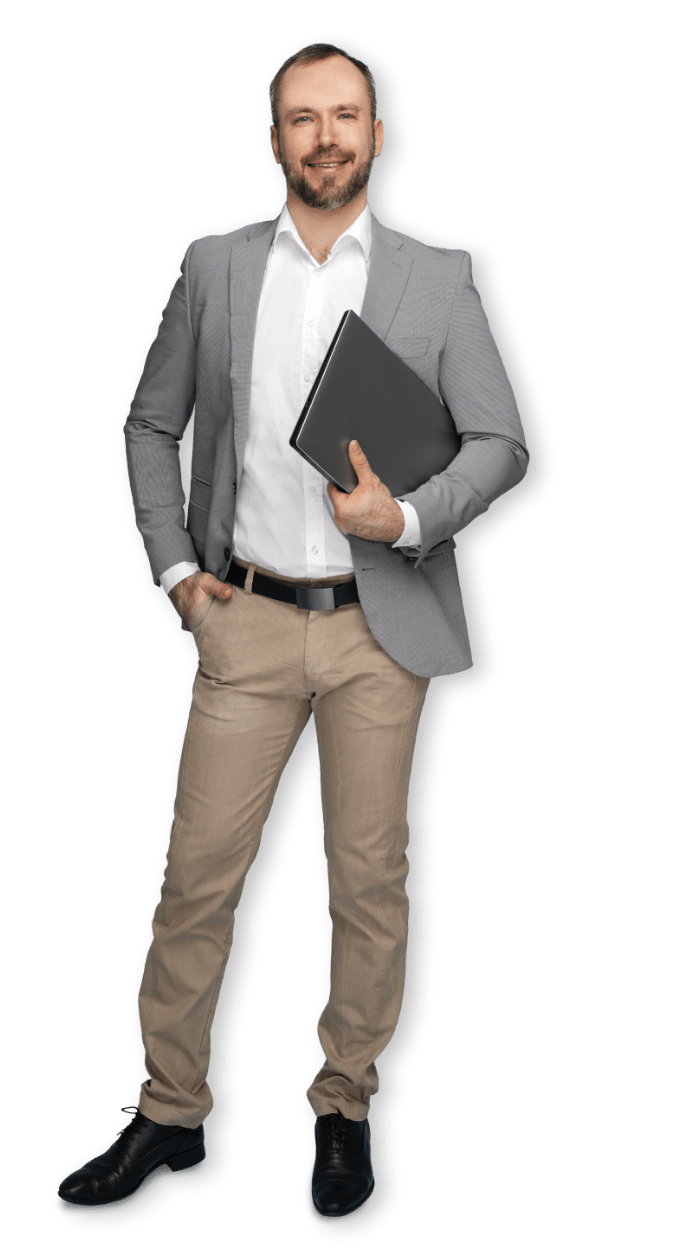 man standing pc grey blazer