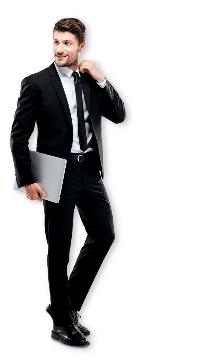 man standing black suit 
