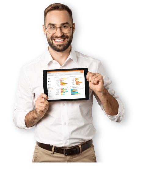 man with tablet smiling