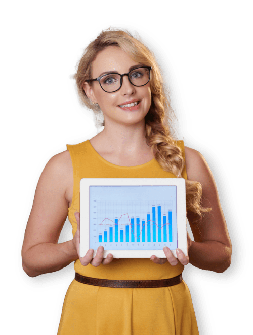 blonde woman with tablet showing graphics