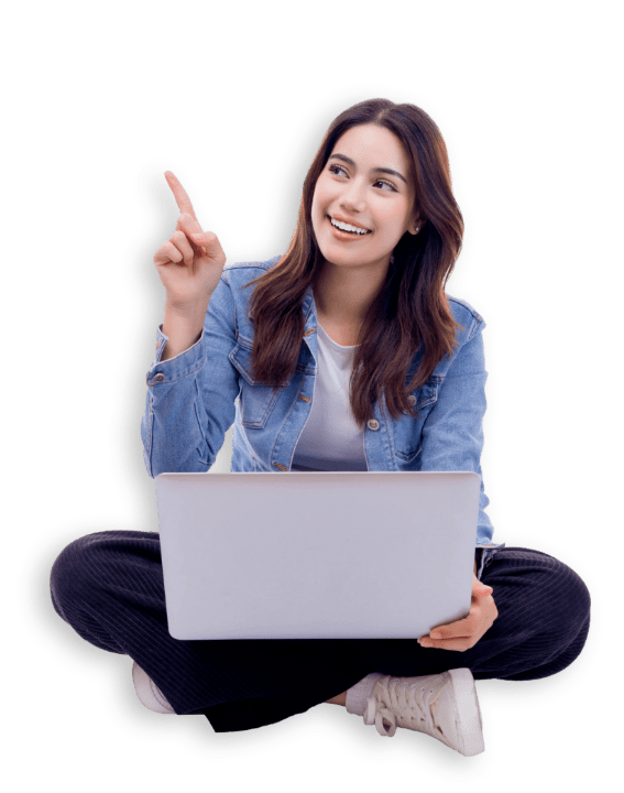 girl sitting with laptop pointing