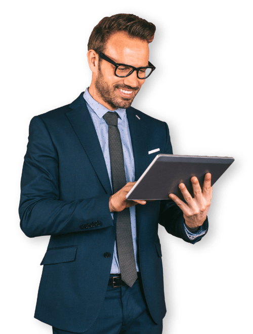 smiling man with tablet