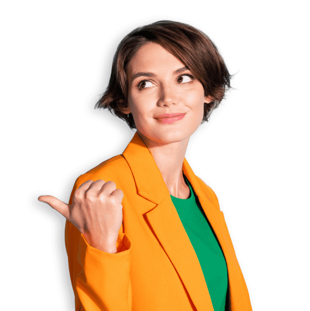 woman orange jacket pointing