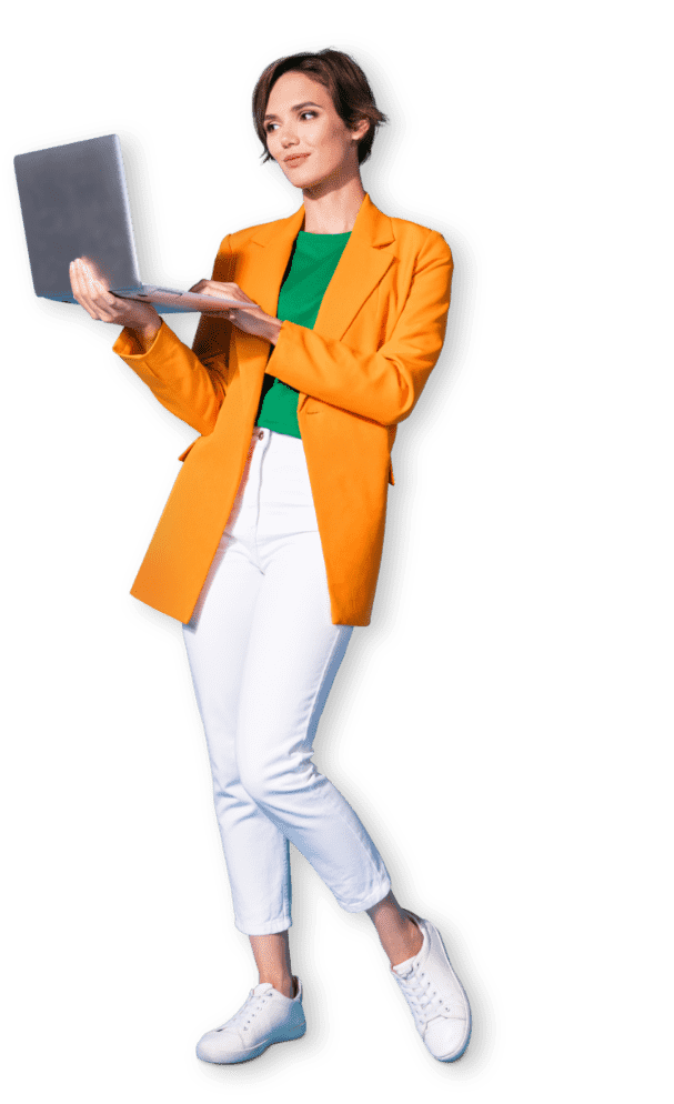 woman orange jacket laptop