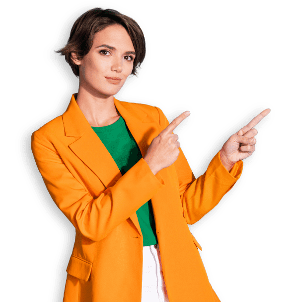 woman orange jacket pointing