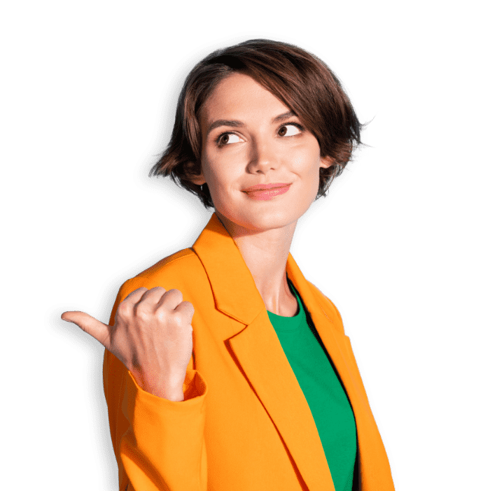 woman orange jacket points