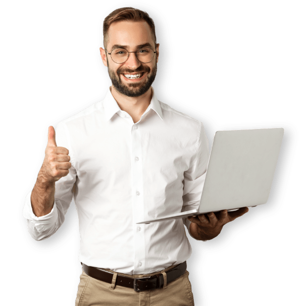 man smiling with glasses and pc