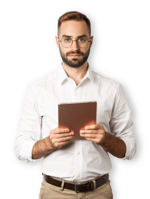 man with tablet wearing glasses