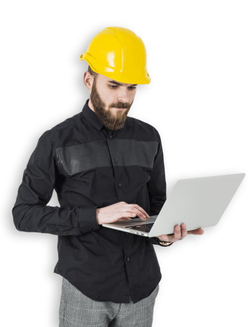 man safety hat laptop