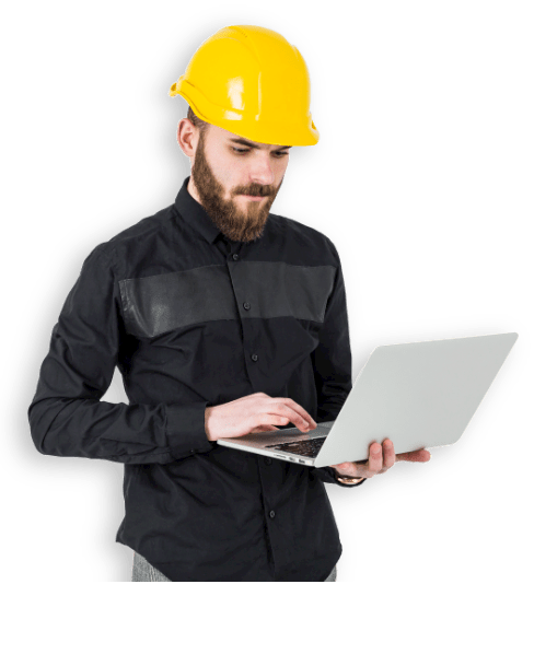 man with safety hat and laptop