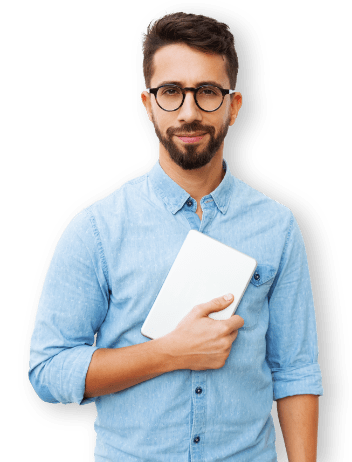 guy with glassess tablet