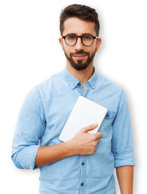 guy with glasses tablet