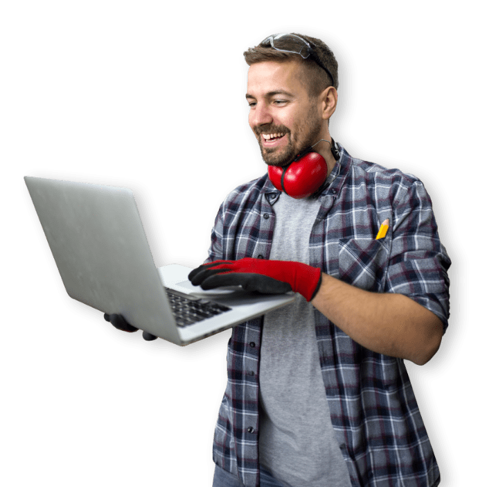 man smiling with hearing protection pc