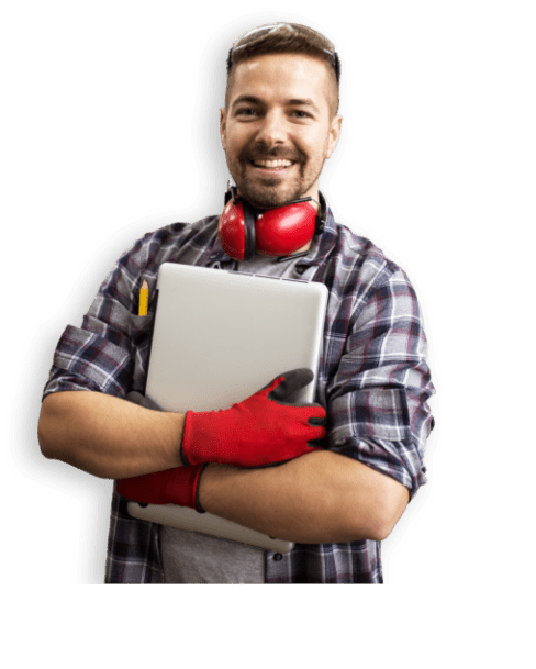 man with hearing protection and pc