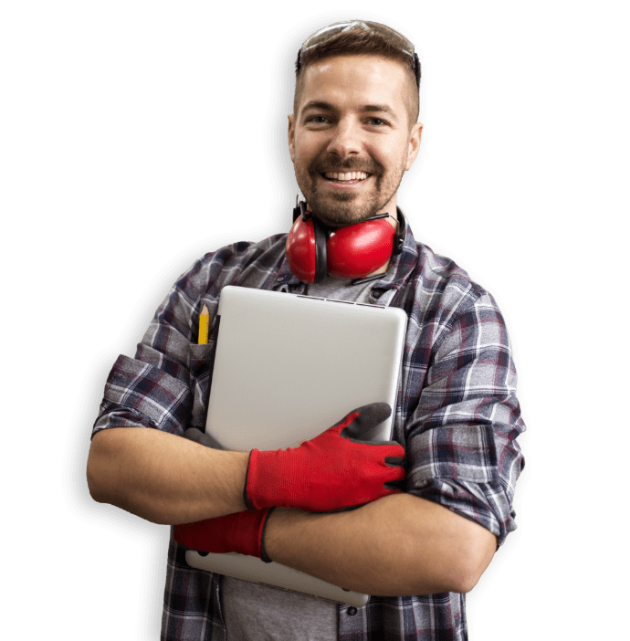 man with hearing protection and pc