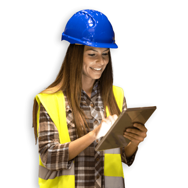 woman with safety hat tablet