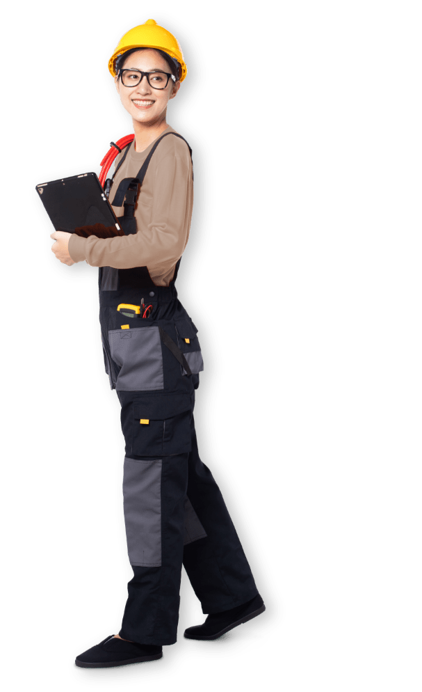 woman with safety hat tablet