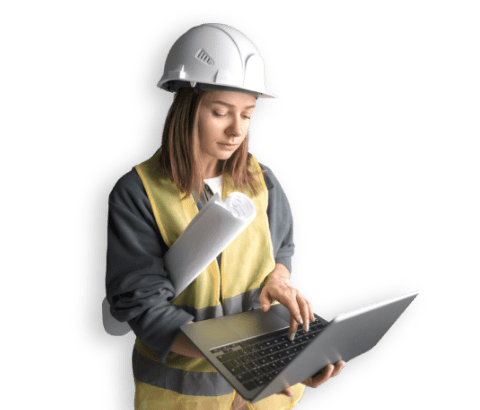 woman with laptop safety hat