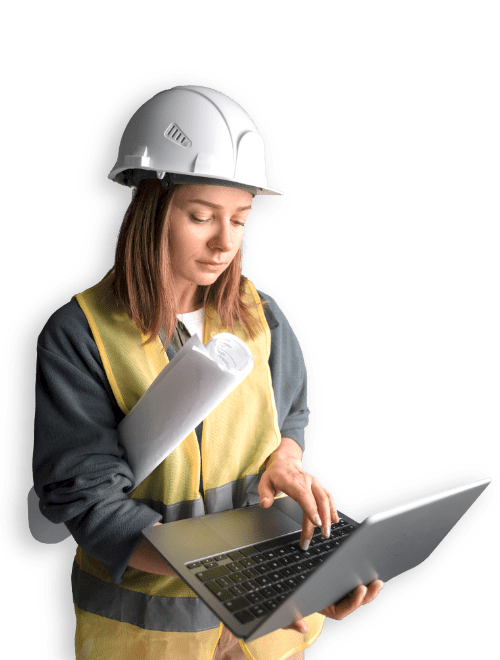 woman with laptop and safety hat