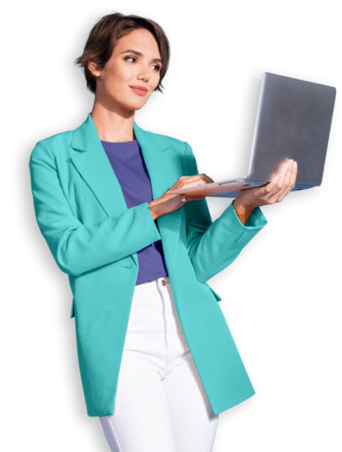 woman blue jacket with laptop