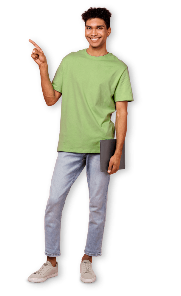 boy smile laptop pointing